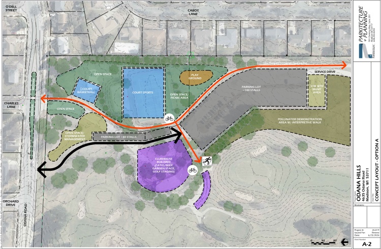 A revised concept diagram showing the proposed future Odana Hills East and Odana Hills Clubhouse locations. 