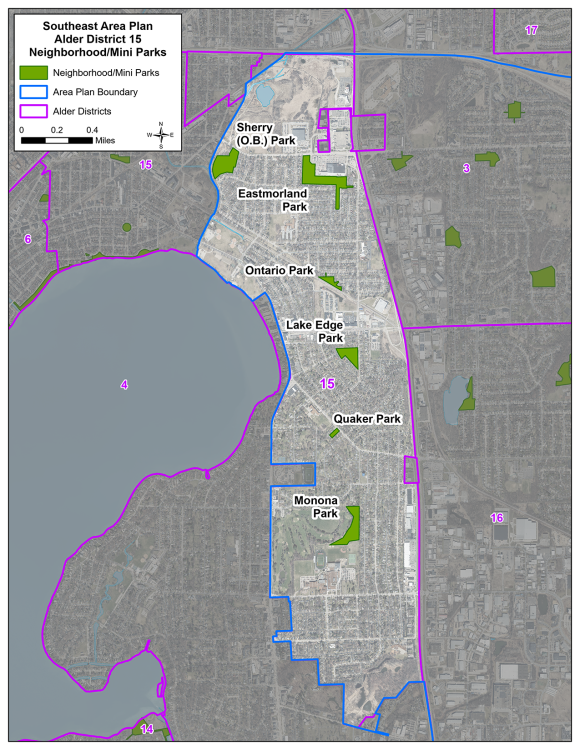 Map showing mini and neighborhood parks in District 15.