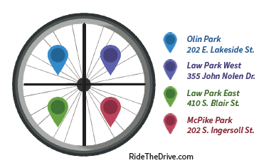 bike wheel with park locators in blue, purple, green and red