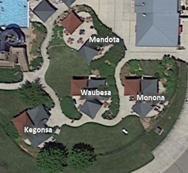 aerial view of goodman pool's four cabanas