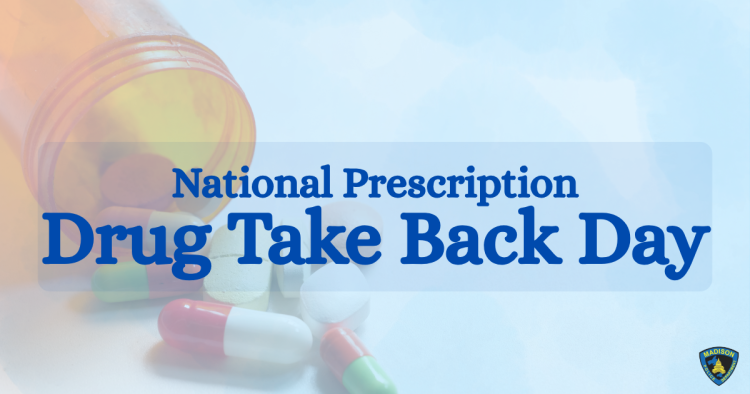 Medication spills from a pill bottle in the background of a graphic that says National Prescription Drug Take Back Day.