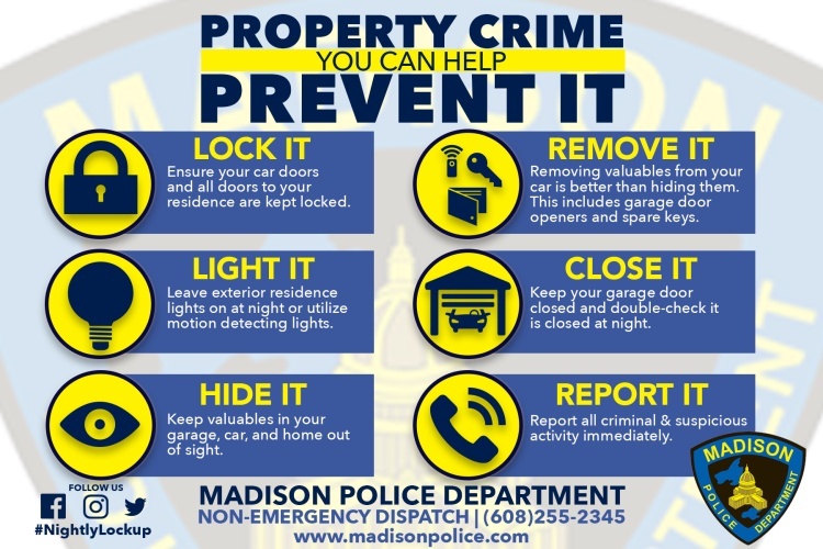 Graphic showing ways to prevent property crime, such as locking a vehicle and removing valuables. 