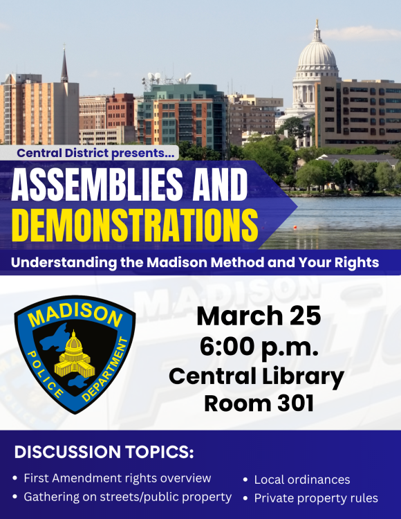 Flyer showing Madison skyline to promote a presentation on assemblies and demonstrations.