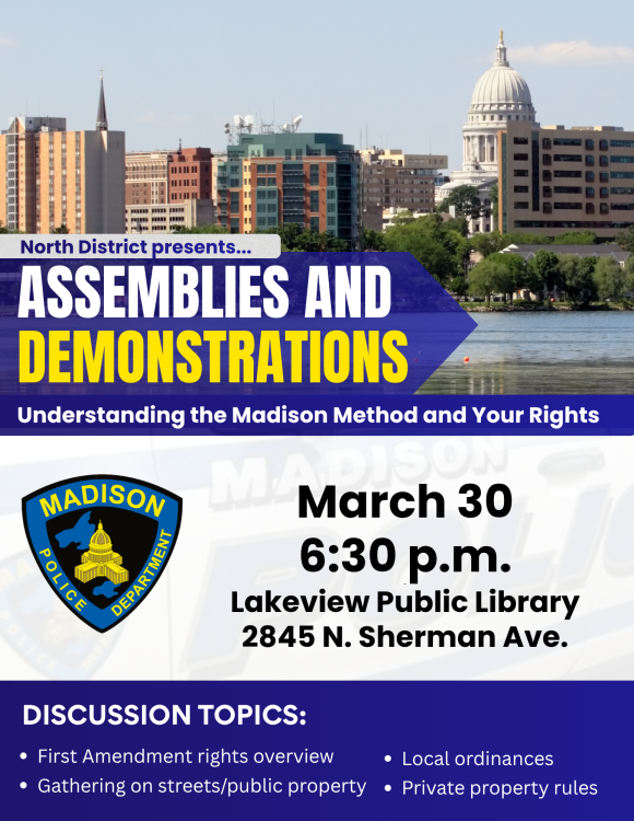 Flyer showing Madison skyline to promote a presentation on assemblies and demonstrations.