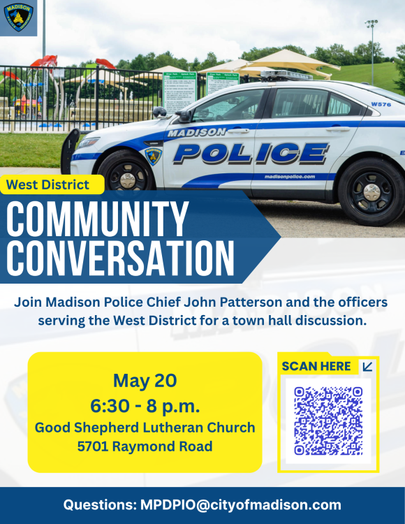 Flyer promoting a community town hall discussion in the Madison Police Department's West District on Wednesday.