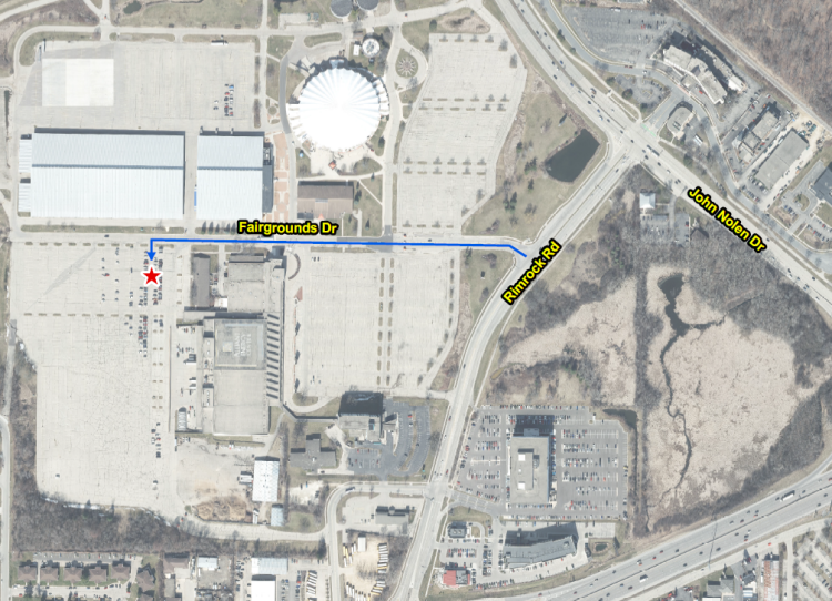 An overhead map showing you how to get to Mooveapalooza at Alliant Energy Center from Rimrock Rd.