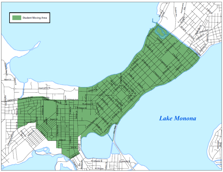 Map highlighting the student move area of Madison from the Yahara River to N Allen Street over to Grant Street and down to Haywood Drive.