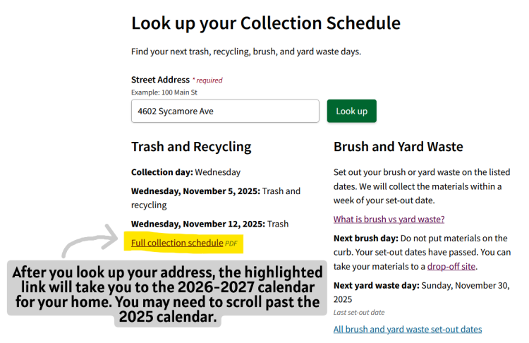 Screenshot of the results after you enter your address into the form on the Streets Division website. The link you need to download the full collection schedule is highlighted in the screenshot.
