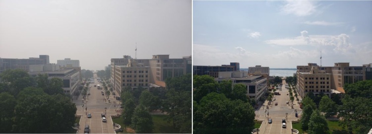Aerial view of downtown Madison on a day with poor air quality (left) and good air quality (right).