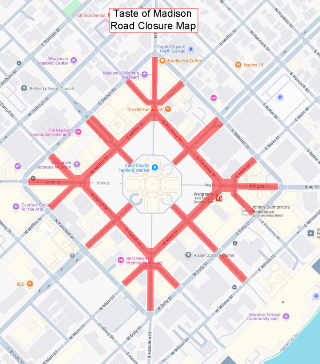 Capitol Sqaure closures for the Taste of Madison, Labor Day weekend (August 29 - 31, 2025)