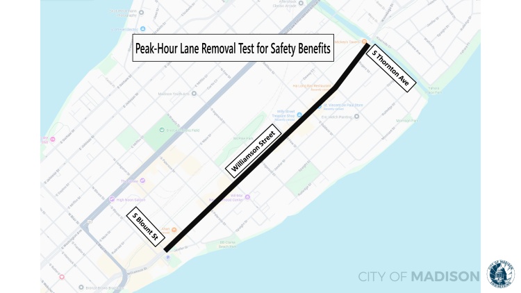 Williamson Street peak-hour lane removal test area, from S. Blount St to S Thornton Ave.