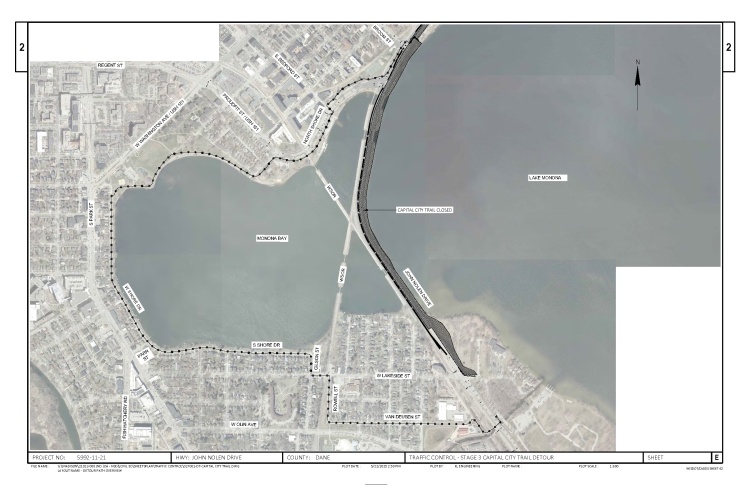 Cap City Trail detour route uses S Shore Drive moving west around Lake Monona Bay to reconnect with John Nolen Drive at North Shore Drive. 