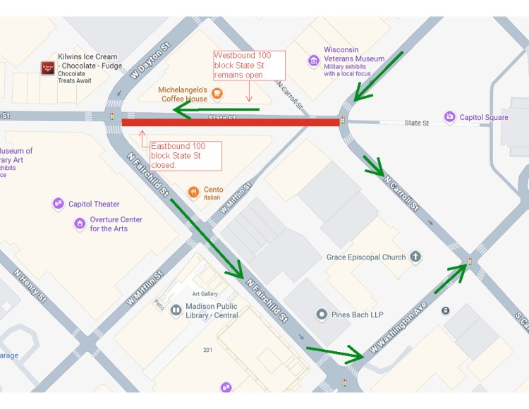 The 100 block of State Street, eastbound side only, will be closed from Monday, March 30 until Thursday, April 7.