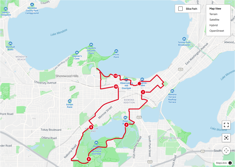 Madison Mini Marathon's 5K marathon route for Saturday, August 8 from 7:00am - noon