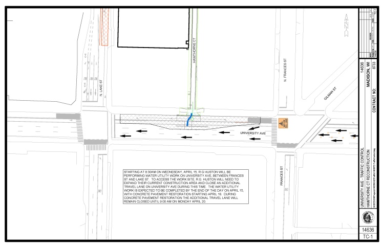 Lane reduction on University Avenue, between Frances St and Lake St, starting at 8:30am on 4/15 and concluding at 9am on 4/20.