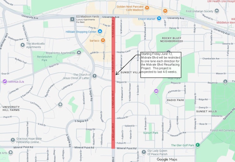 Starting June 12, Midvale Blvd. will restrict traffic to one lane in each direction between University Ave and Mineral Point Rd.