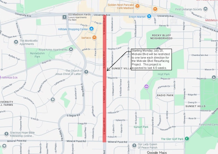 Midvale Blvd will reduce to 1 lane in each direction from Mineral Point Rd to University Ave for 4-5 weeks.