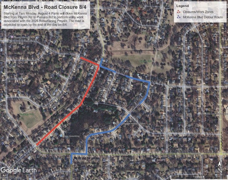 closed roads and detours for the McKenna Road projects temporary closure for August 4. 