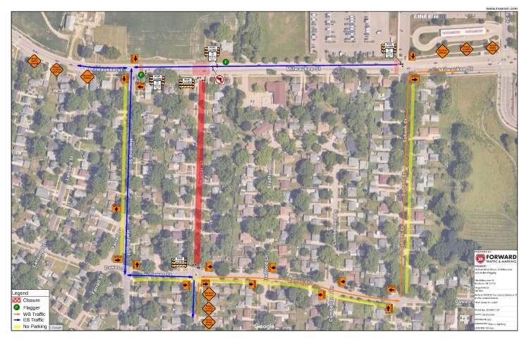 Vehicles will detour from Milwaukee St via Harding St, Dawes St, and Schenk St. for the 8/24-8/26 closure of Walter and Milwaukee St intersection.