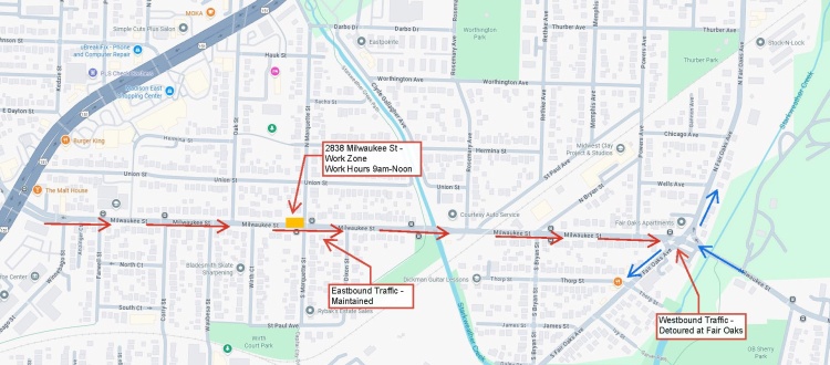 Milwaukee Street detour for Monday, September 9, starting at 9:00am. Details in text.