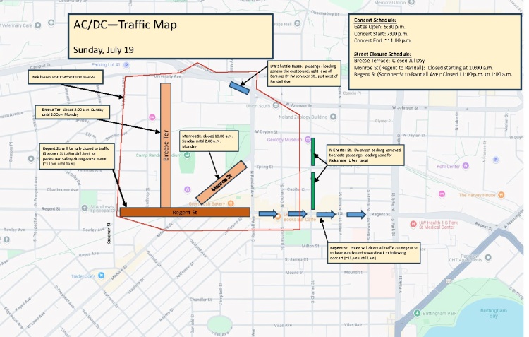 Road closures due to the AC/DC concert held at Camp Randall Stadium on July 19. Details in text 
