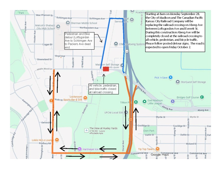Vehicle and bicycle detour routes for Aberg Avenue railroad construction Starting 9/28 and lasting until 10/2.