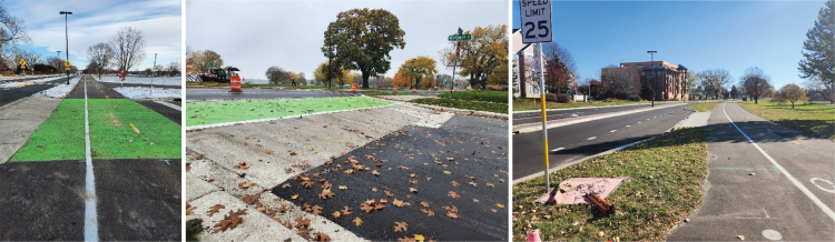Three images showing the new cycle track on Atwood Ave, with some green paint at traffic/driveway intersections