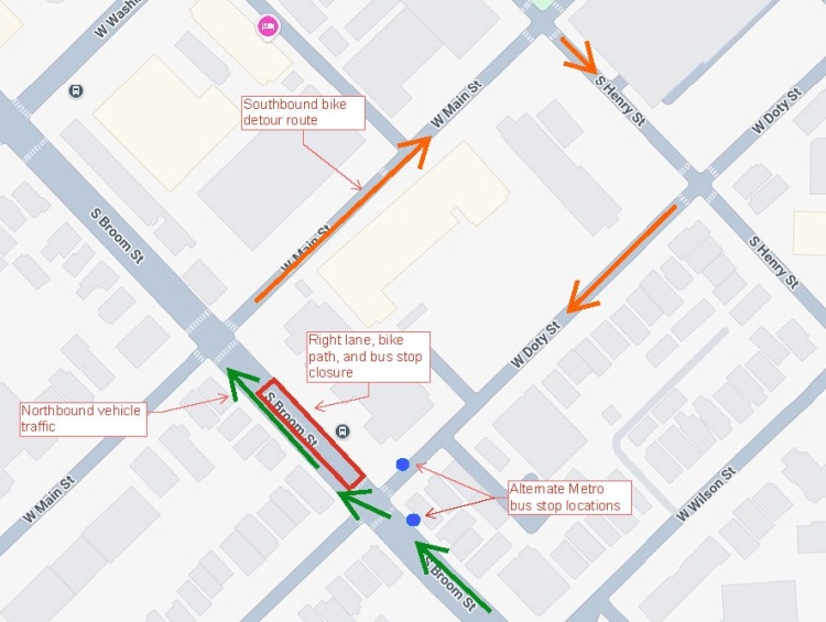 Closure of S Broom Street during off peak hours starting October 5 and lasting about 1 week.  Details in release