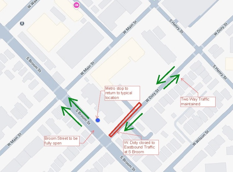 Closure of W Doty Street starting around October 12 and lasting about 2 weeks.  Details in release