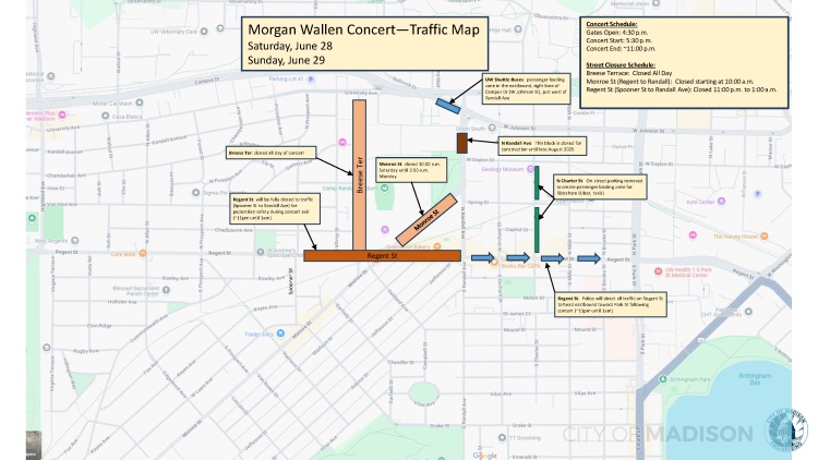 Closures and traffic routes for the Camp Randall concerts on June 28 and June 29, 2025