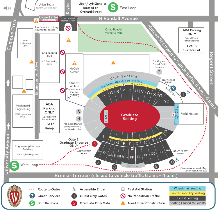 Map showing street closures for commencement on Saturday, May 9.  Details in text.