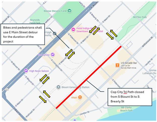 Detour route for portion of the Cap City Trail Path, starting September 8.