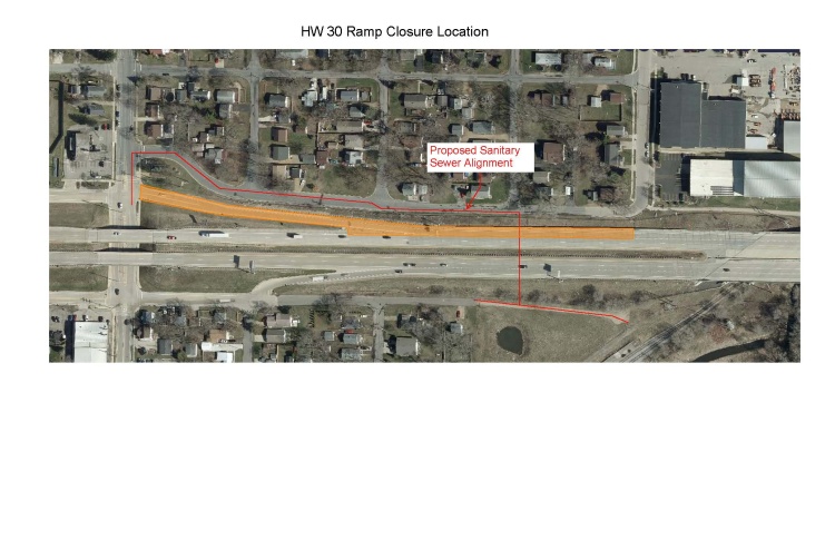Hwy 30 westbound off ramp, at Fair Oaks, closed for sewer reconstruction from 4/21/25 to 5/1/25