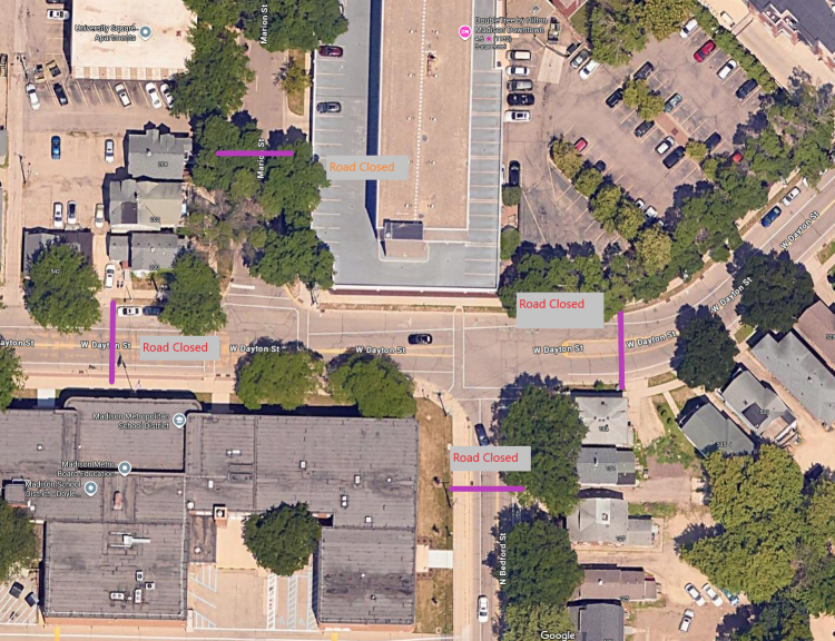 Traffic closure along W Dayton Street for prep and Asphalt Art installation from September 15 - 19, 2025