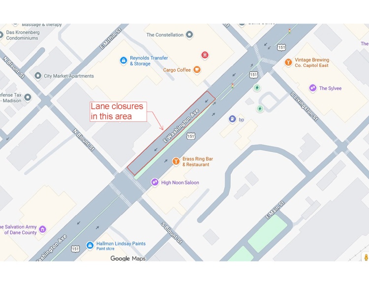 Lane shifts for construction on E Washington Ave, between N Livingston St and N Blount St, from 8/31-10/9.