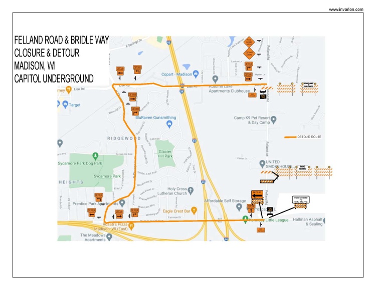 overview  maps showing the Felland Rd closure from Lein Rd to Commercial Ave.  Detour from the area is recommended.