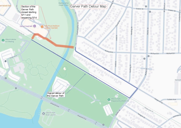 The Garver Path will be detoured, between Starkweather Dr and the Capital City Trail, starting Monday, May 11th and reopen Thursday, May 14th.&nbsp;