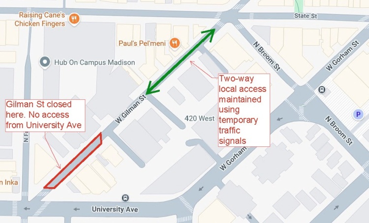 400 W Gilman Street closure from September 25 to September 27 for crane erection.