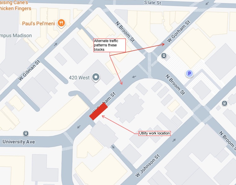 Map of closure information for utility work on W Gorham Street, details in the news release.