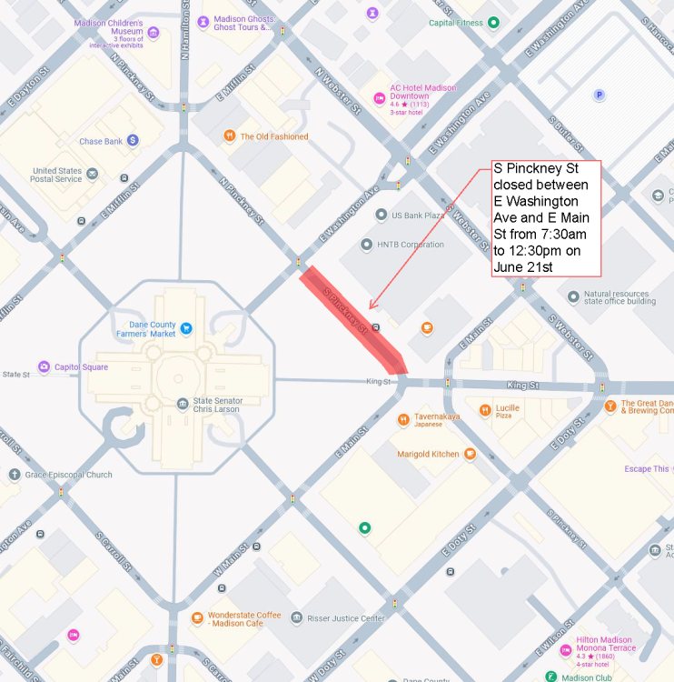S Pinckney Street, between E Washington Avenue and E Main Street, will be closed on Saturday, June 21 for the Habitat on the Square event.