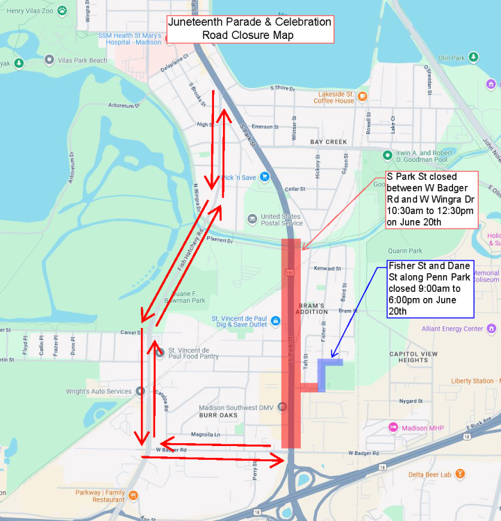 Map of closure information for Juneteenth Parade and Celebration on Saturday, June 20 - details in article
