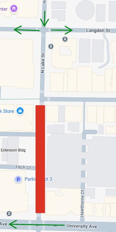 N Lake Street will close between University Avenue and State Street starting 1/12/26 through 1/16/26 