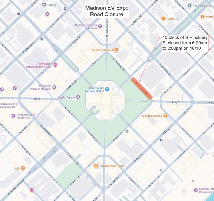 10 block of S Pinckney Street is closed from 6am to 2pm on October 10, 2026