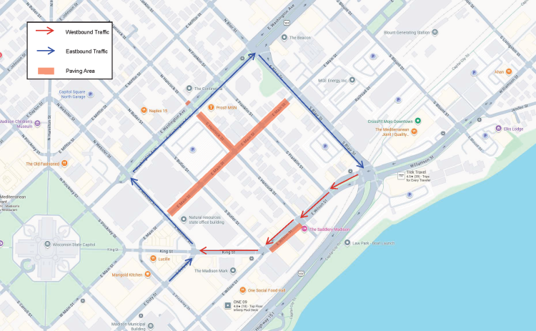 Road closures for paving of sections on E Main Street, S. Hancock St, E Washington Ave and E Wilson St. Details in news release.