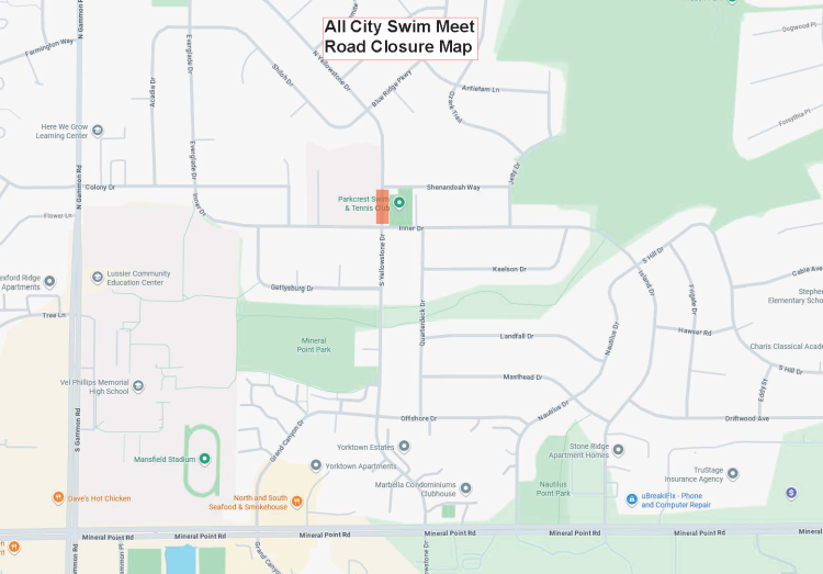 N Yellowstone Dr will be closed between Inner Dr and Shenandoah Way for the annual All City Swim Meet event occurring July 25 to August 2.