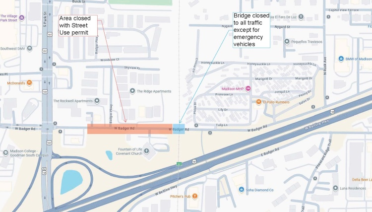 A section of W Badger Road is closed in front of the Fountain of Life Church from 8am to 2pm on Friday, 8/13/2026.