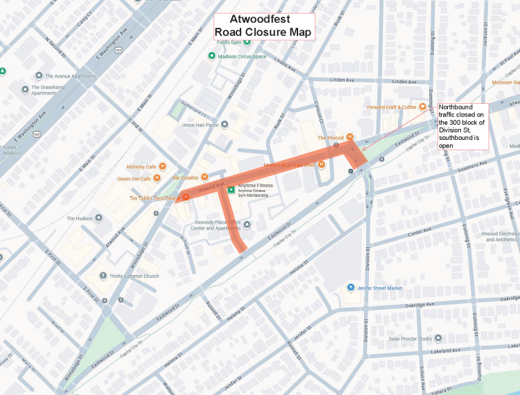 Road closure information for Saturday, July 25, for the annual Atwoodfest event.  Details in accompanying text.