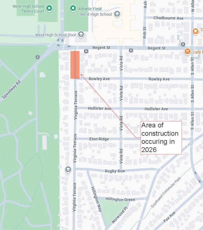 Virginia Terrace is closed until September between Regent St and Rowley Ave for underground utility work.