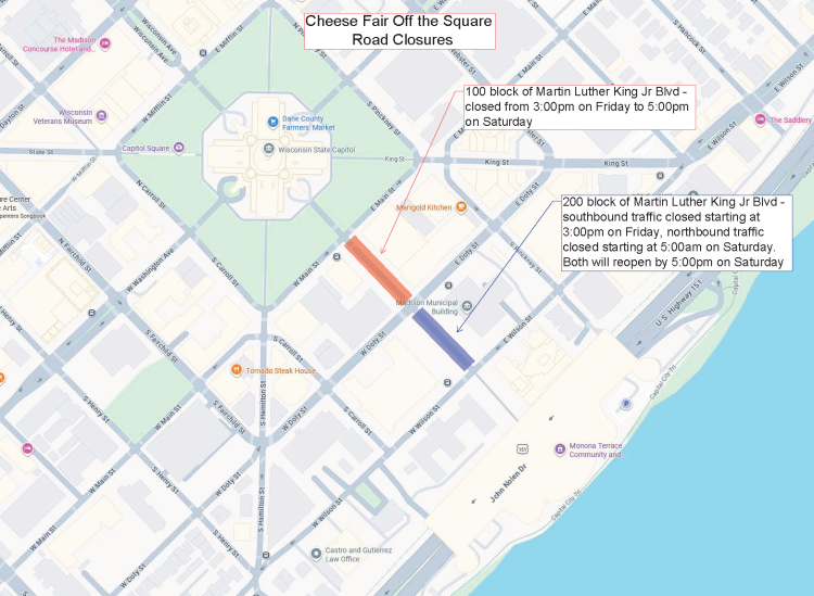 Martin Luther King Jr Boulevard will close at 3pm on Saturday, September 25 until 5pm on Sunday, September 26 for the Cheese Fair on the Square event.
