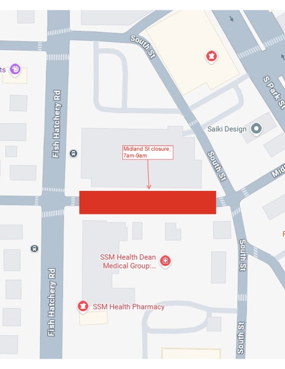 Temporary closure of Midland St, between Fish Hatchery Rd and South St for equipment removal from 7am to 9am on March 28, 2026